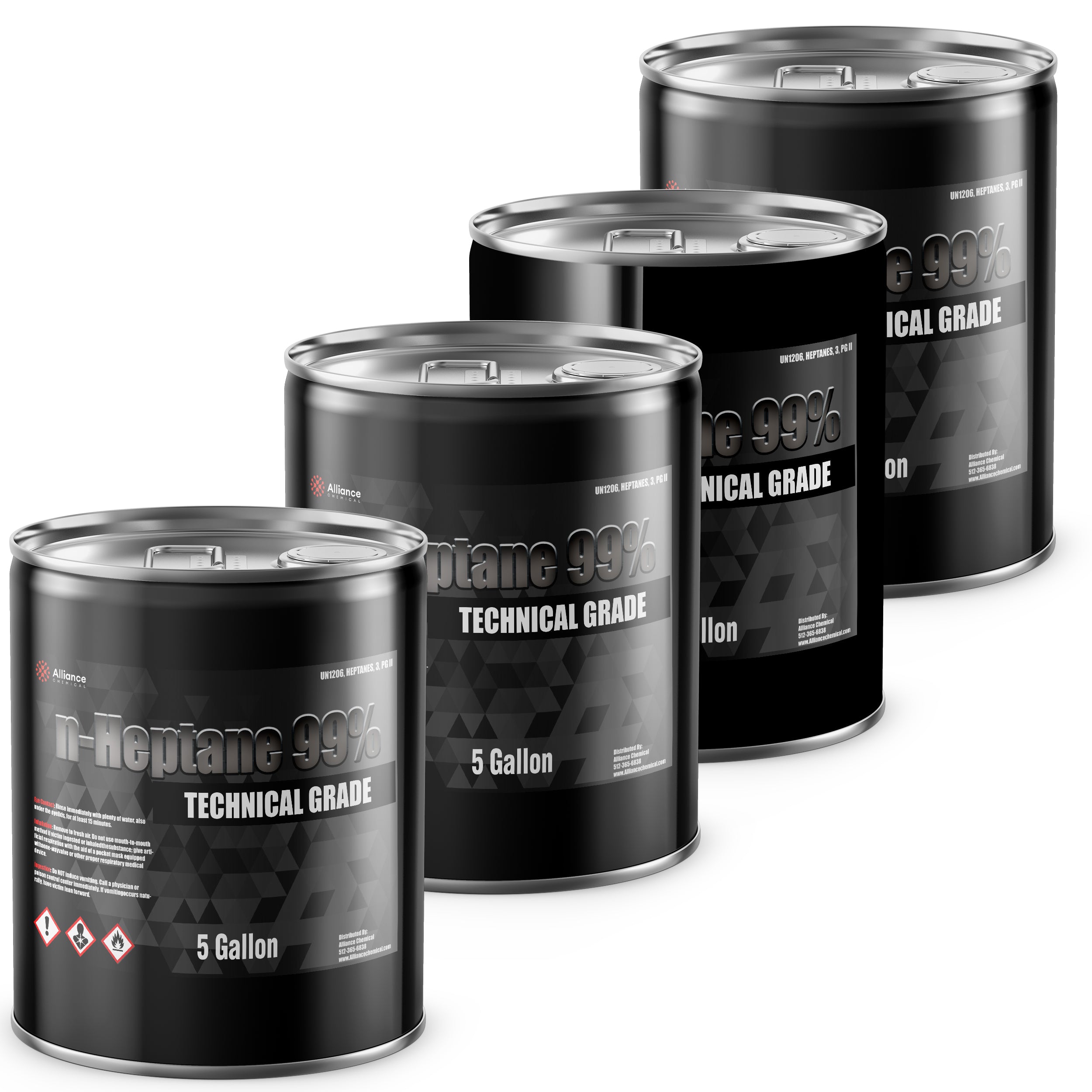 5-gallon drums of 99% Technical Grade n-Heptane solvent, black metal containers with GHS hazard symbols, industrial chemical packaging shown in series.